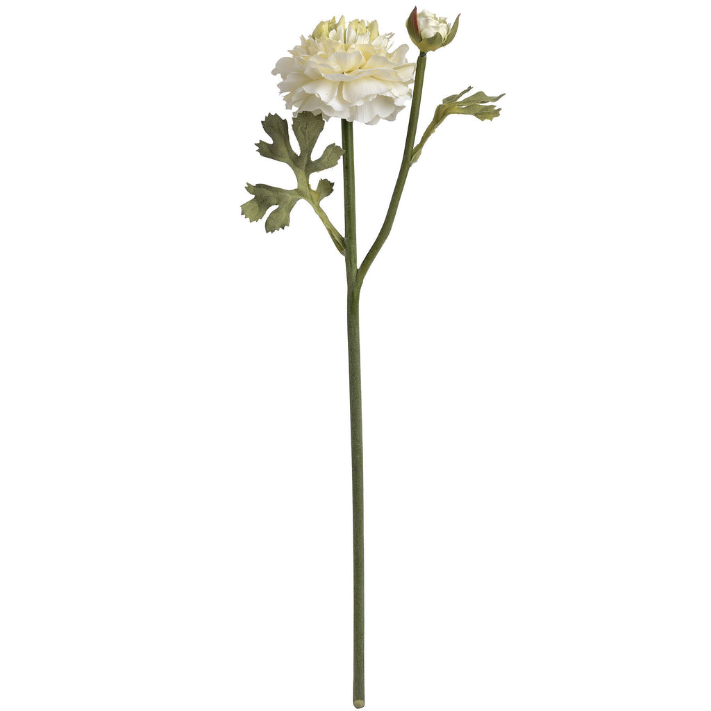 Full view of the Wavypetal artificial spray with a cream flower, smaller bud and lobed leaves on a long green stem.
