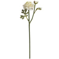 Full view of the Wavypetal artificial spray with a cream flower, smaller bud and lobed leaves on a long green stem.