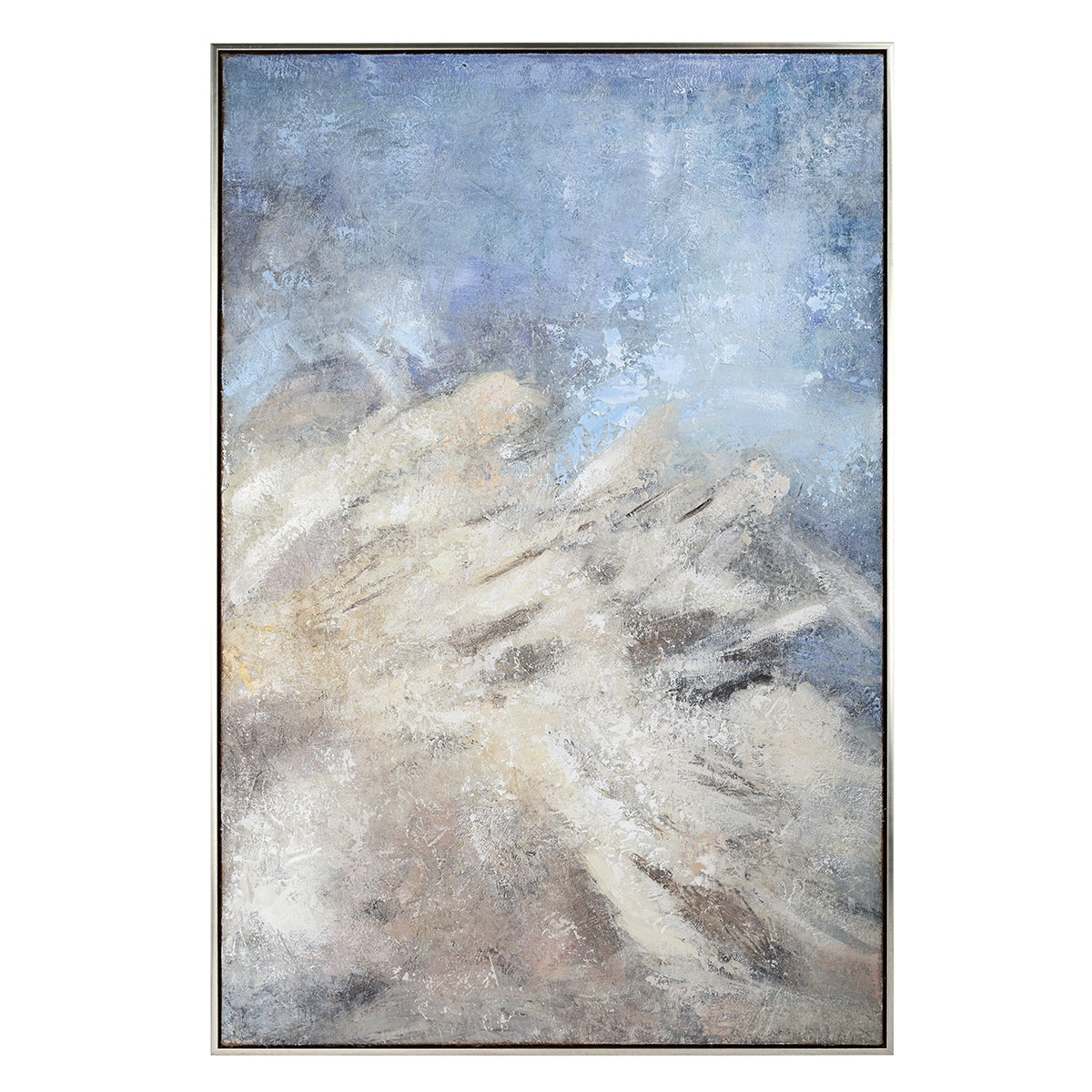 Front view of portrait abstract artwork with blue-grey areas, cream and taupe diagonal marks and a narrow pale frame.