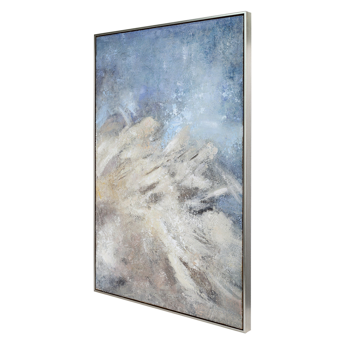 Angled view of the framed abstract canvas showing the depth of the pale frame and textured painted surface.