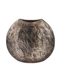 Front view of a rounded bronze-toned vase with dark and green mottling and a shallow curved dip in the rim, on white.