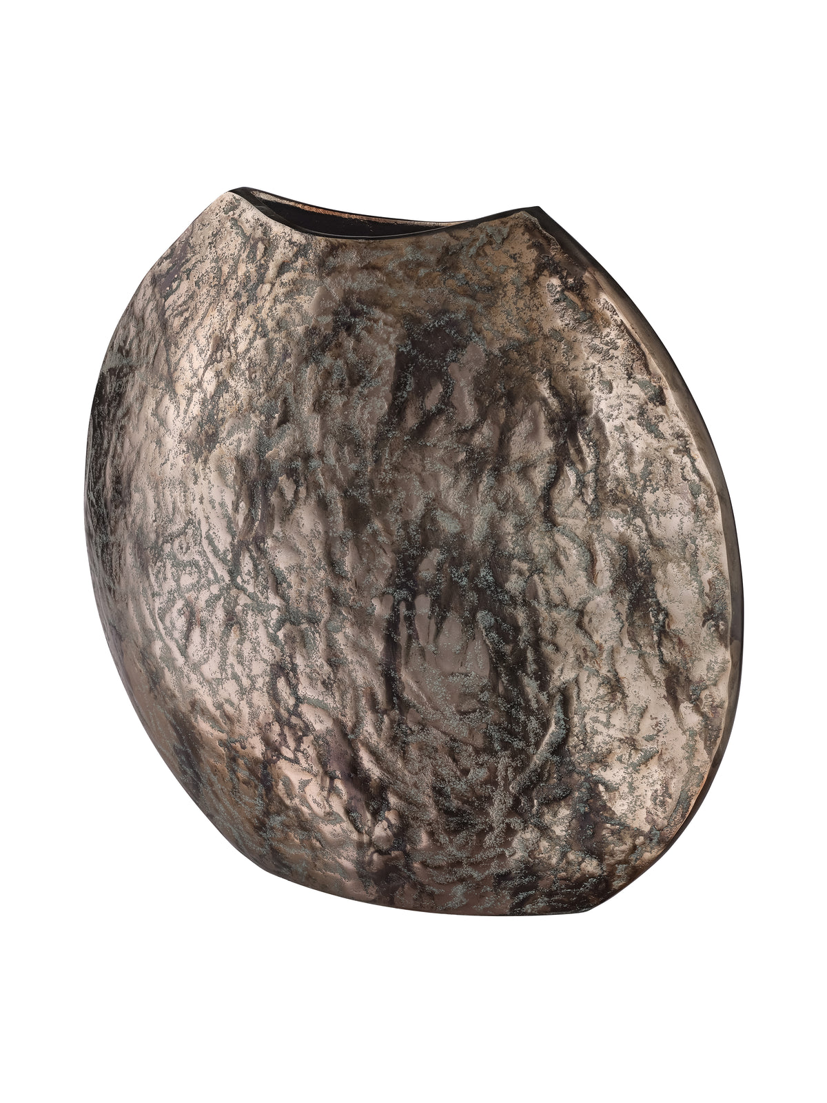 Angled view of the weathered vase showing its curved body, narrow side and elongated dark opening.