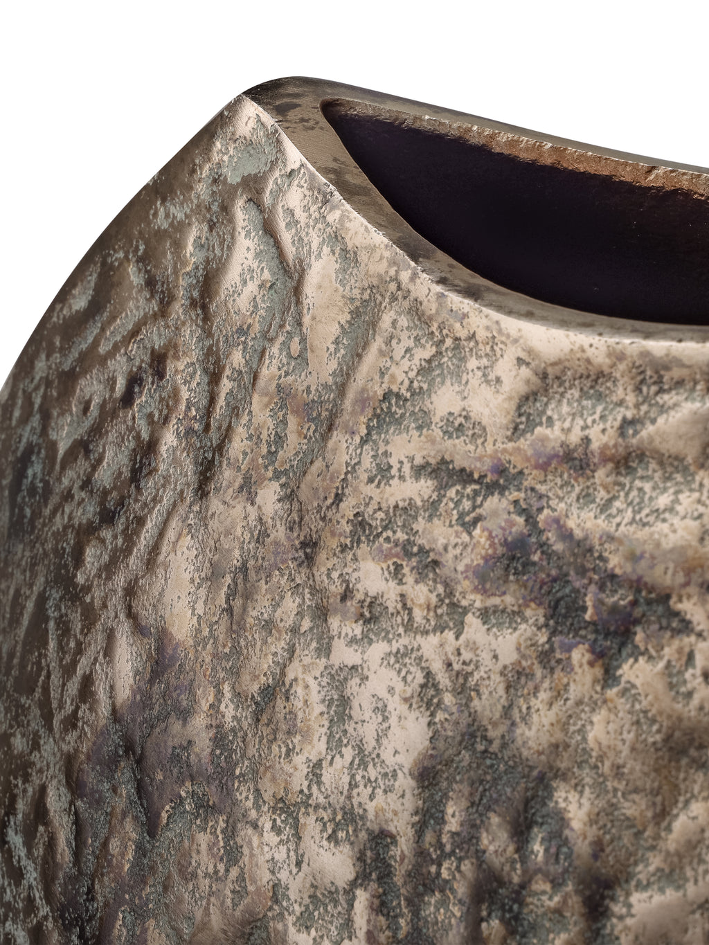Close-up of the vase opening and curved rim above the textured bronze-toned surface with green and dark patches.