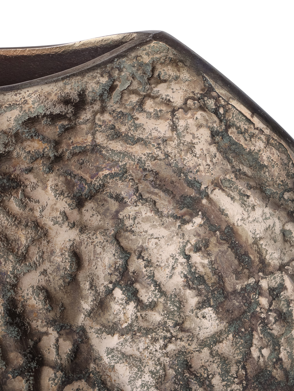 Detail of the vase shoulder showing a smooth dark rim and irregular verdigris-coloured mottling across the metallic finish.