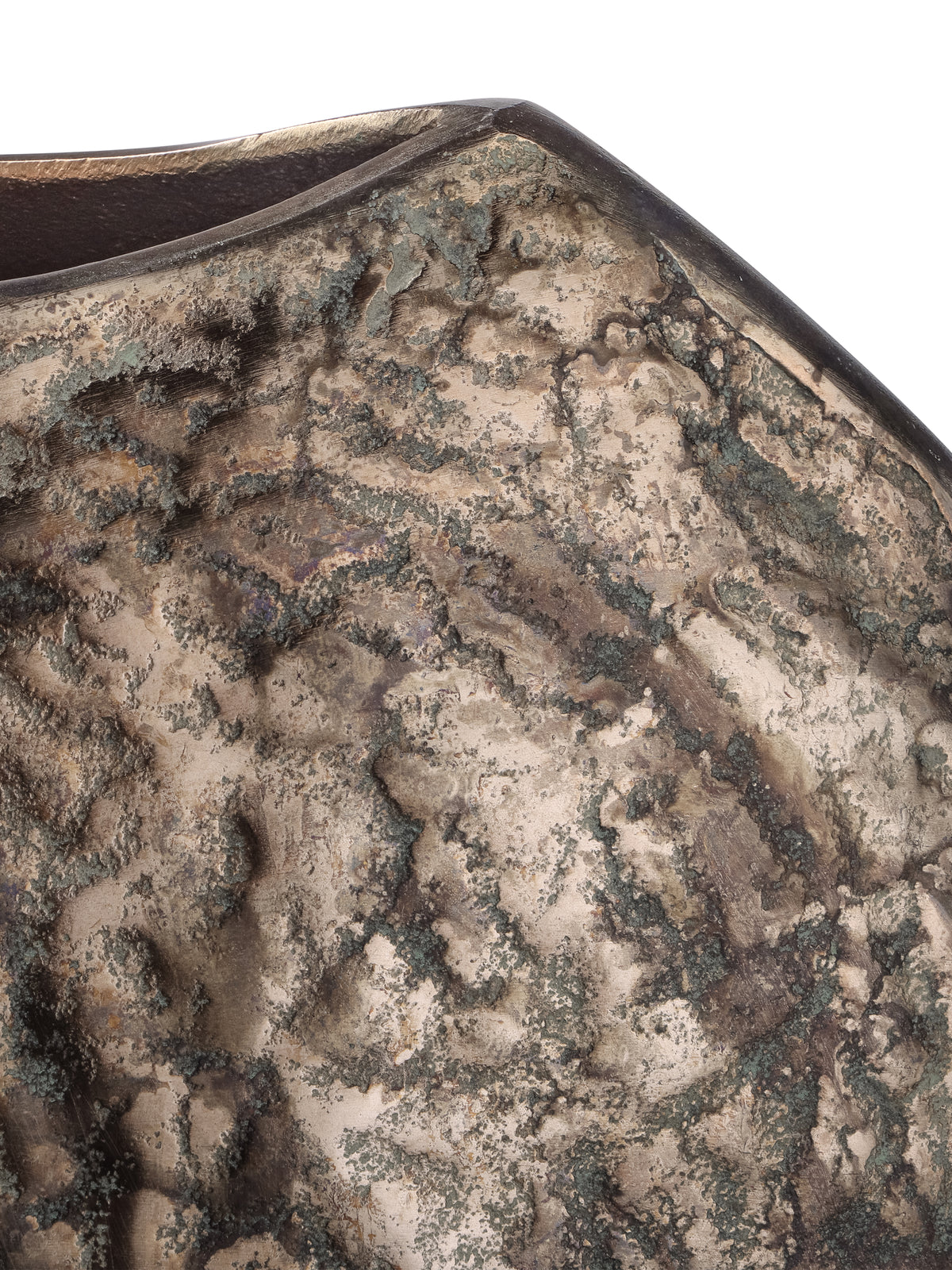 Detail of the vase shoulder showing a smooth dark rim and irregular verdigris-coloured mottling across the metallic finish.