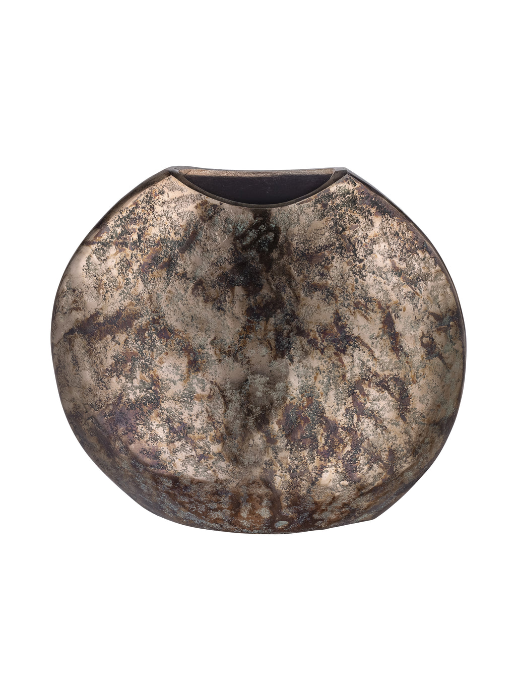 Front view of a rounded bronze-toned vase with a curved opening and dark mottled patina against white.