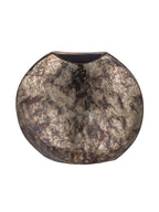Front view of a rounded bronze-toned vase with a curved opening and dark mottled patina against white.