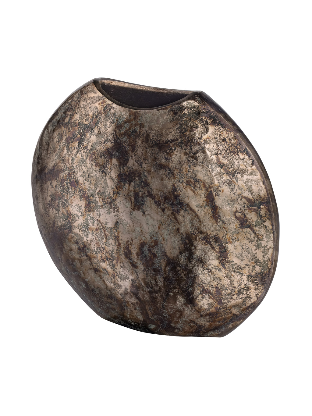 Angled view of the curved vase showing its narrow side, dark interior and mottled metallic surface.