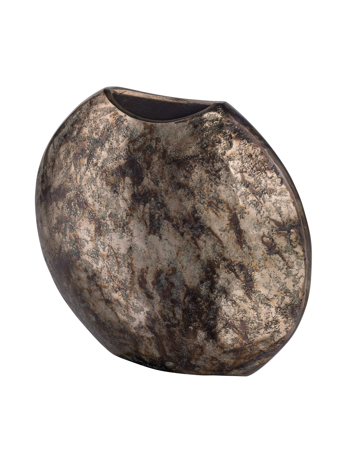 Angled view of the curved vase showing its narrow side, dark interior and mottled metallic surface.