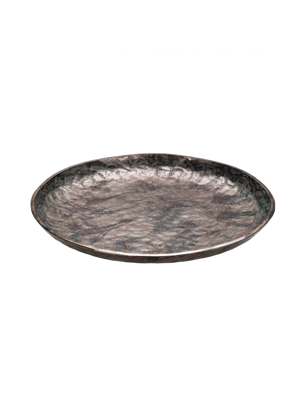 Angled view of a shallow round platter with a mottled bronze and green surface and gently raised rim.