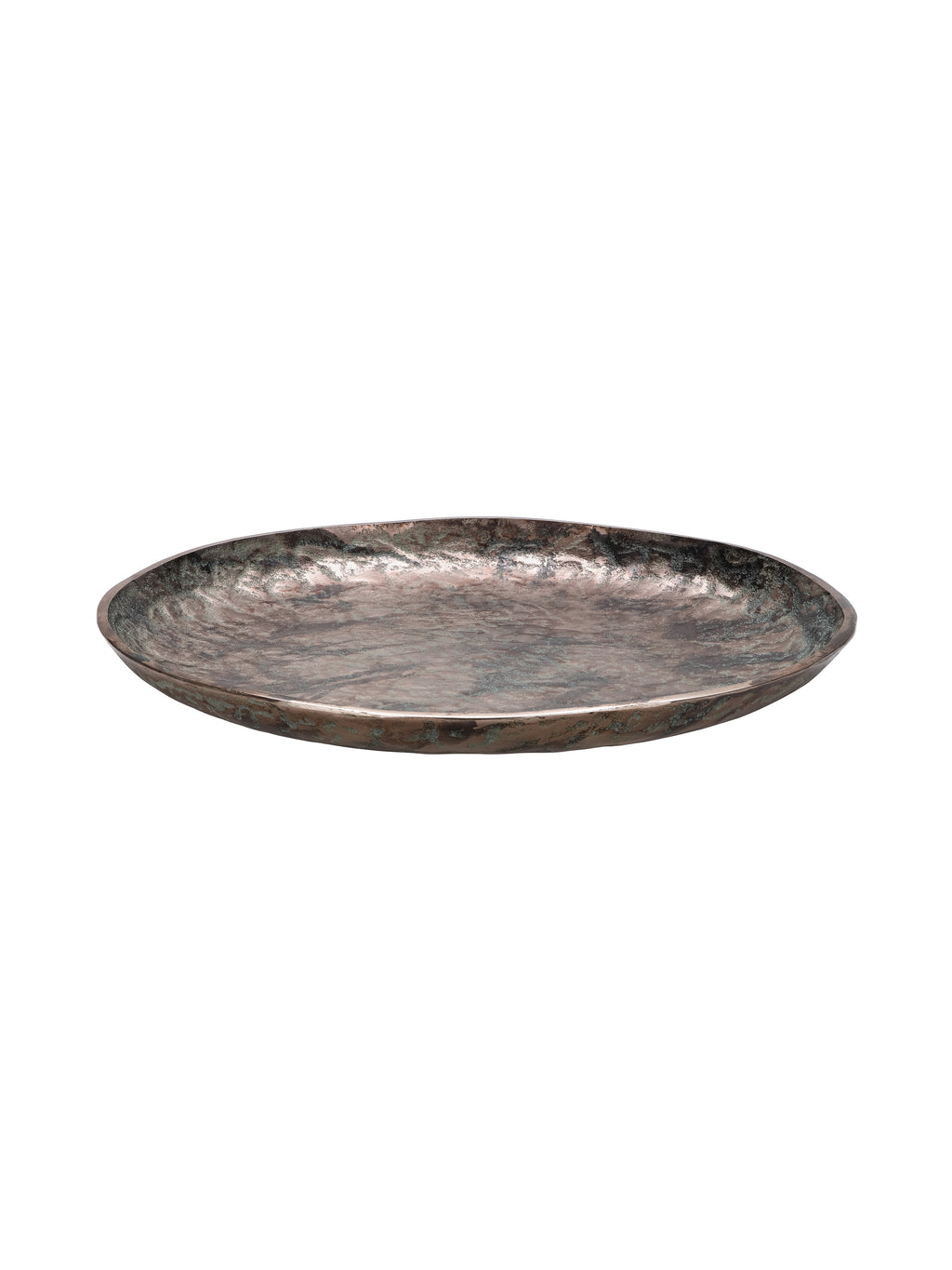 Low angled view showing the platter's shallow profile and bronze outer edge with green patina detailing.