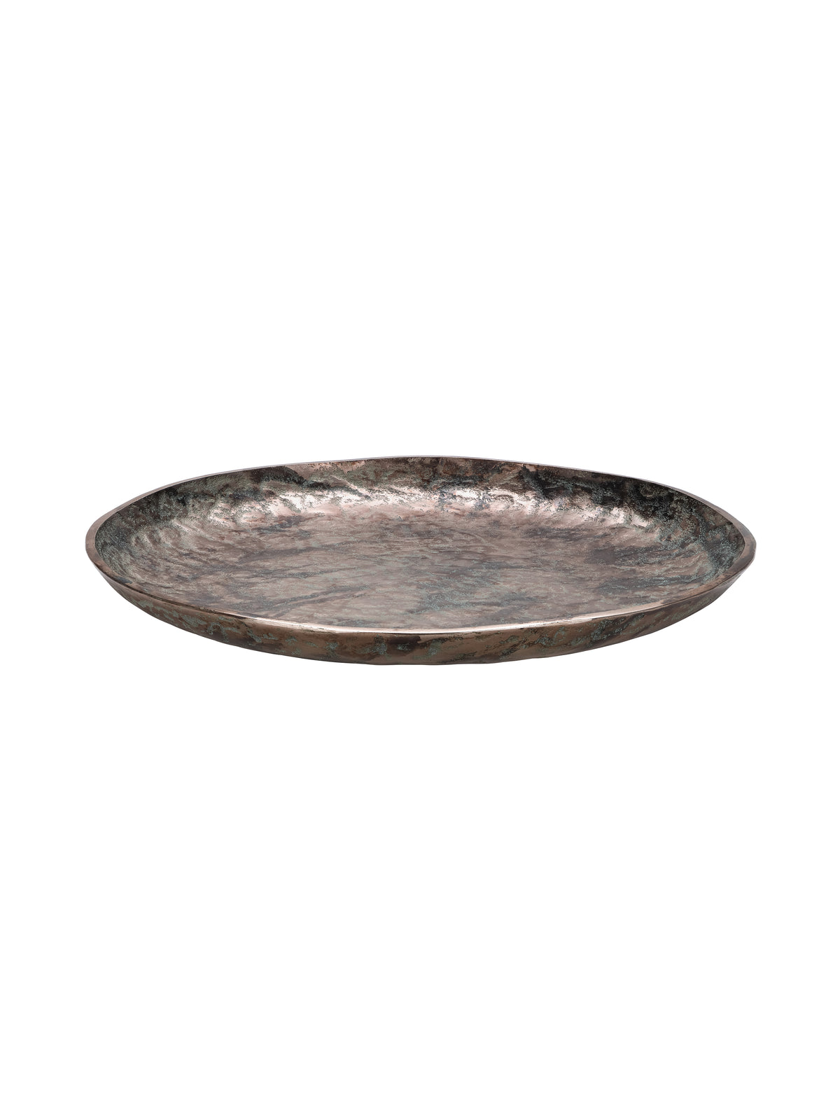 Low angled view showing the platter's shallow profile and bronze outer edge with green patina detailing.