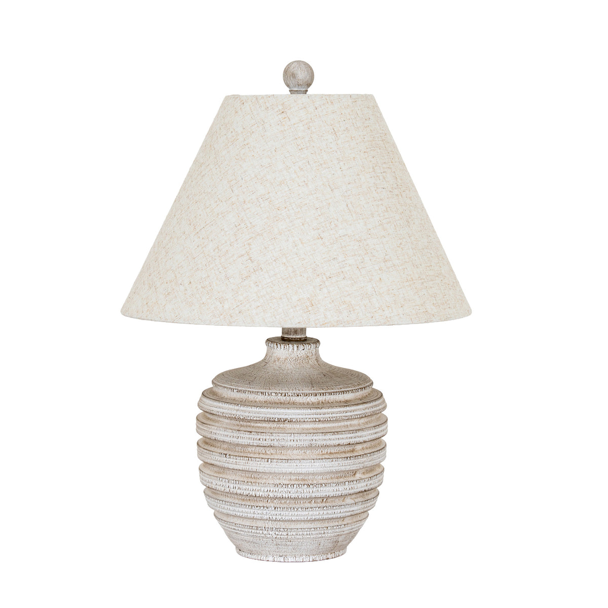 Table lamp on a white background with a weathered cream and grey banded body, sloping shoulders, wide tapered cream shade and rounded finial.