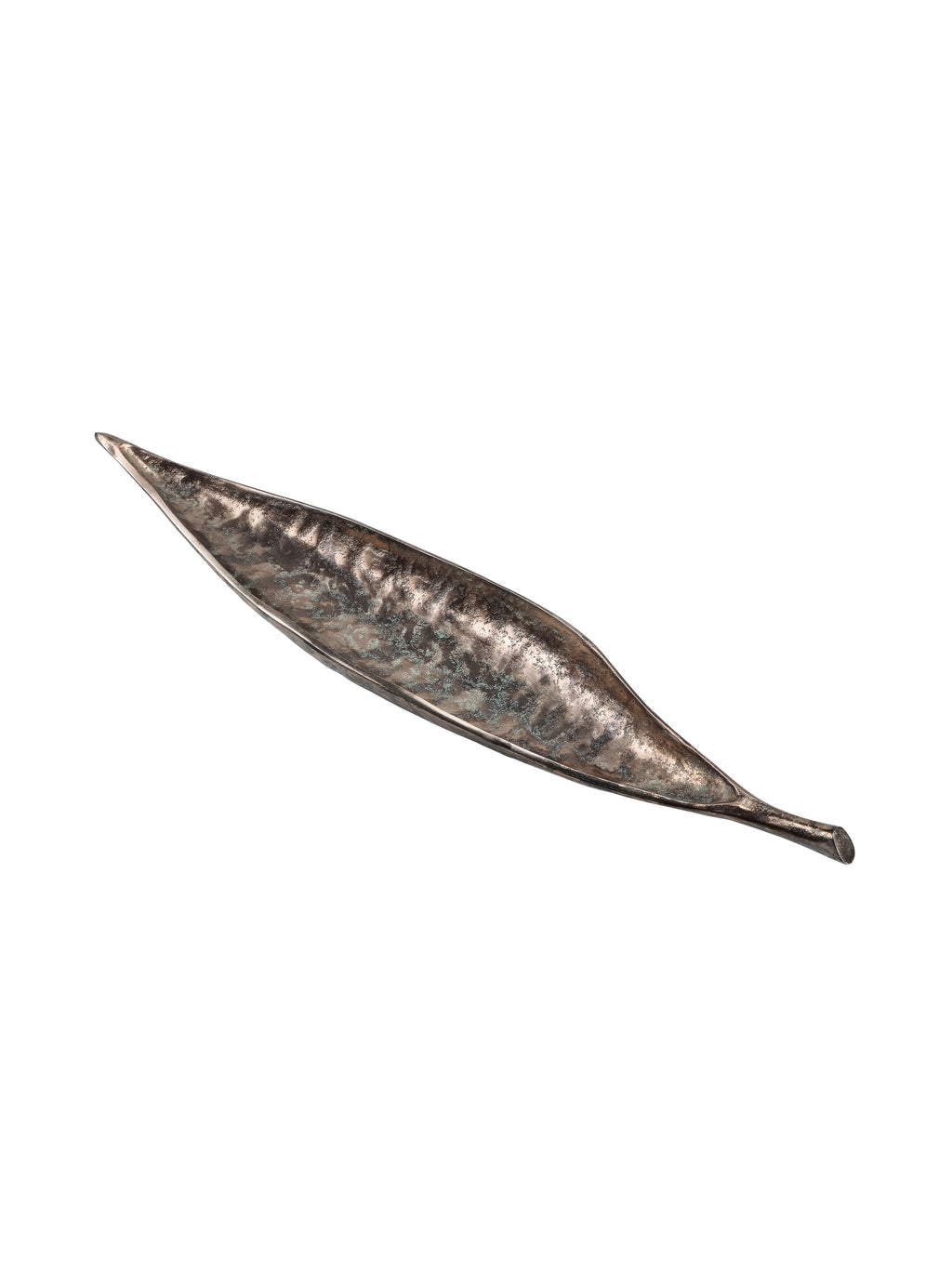 Angled view of an elongated leaf bowl with a pointed tip, stem and mottled bronze and green finish on white.