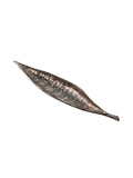 Angled view of an elongated leaf bowl with a pointed tip, stem and mottled bronze and green finish on white.