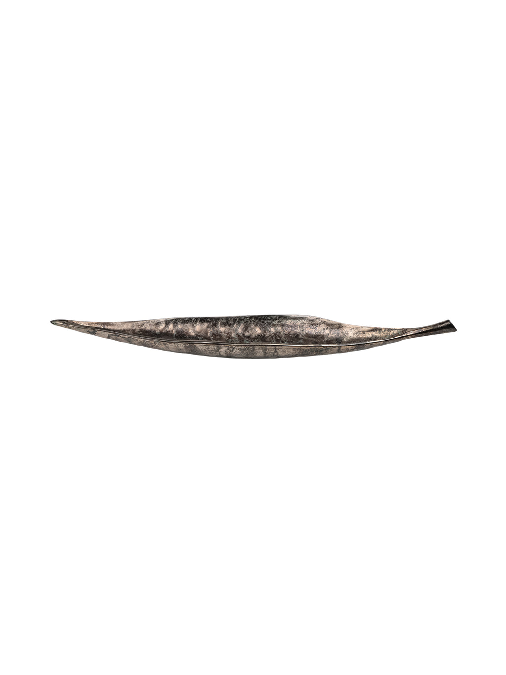 Side view of the leaf bowl showing its shallow curved profile and raised ends against white.