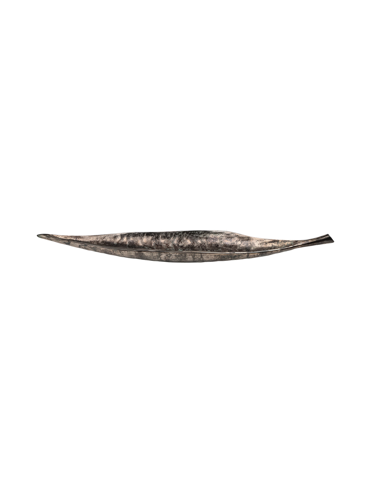 Side view of the leaf bowl showing its shallow curved profile and raised ends against white.