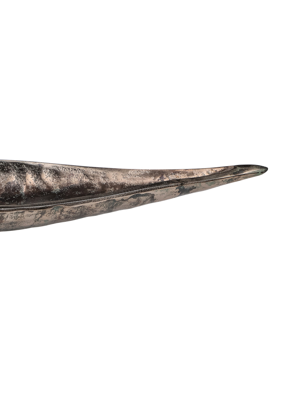 Close-up of the bowl's tapered leaf tip and rim, showing textured bronze tones and darker mottling.