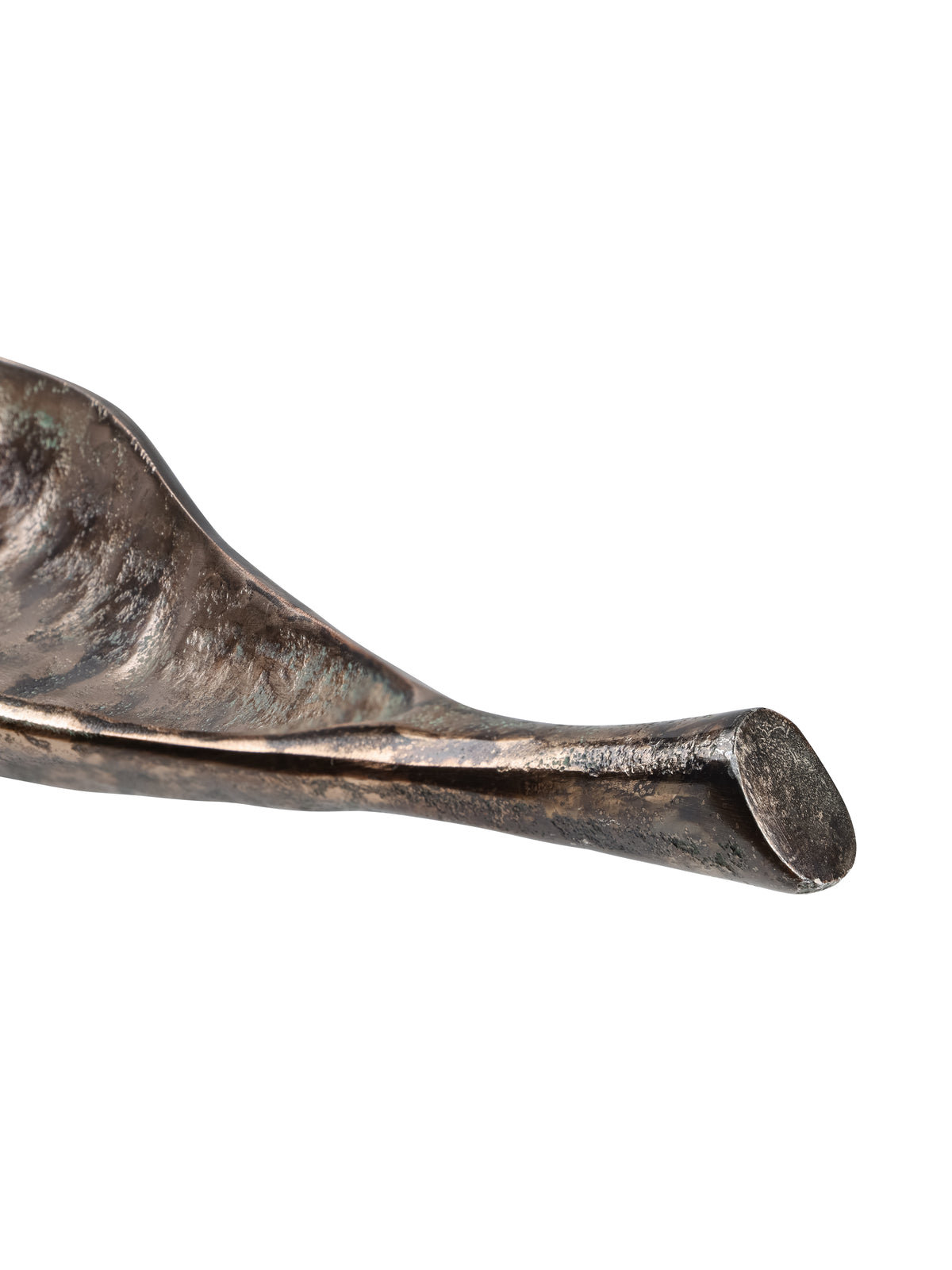 Close-up of the leaf bowl's stem and curved interior with bronze-toned texture and green detailing.