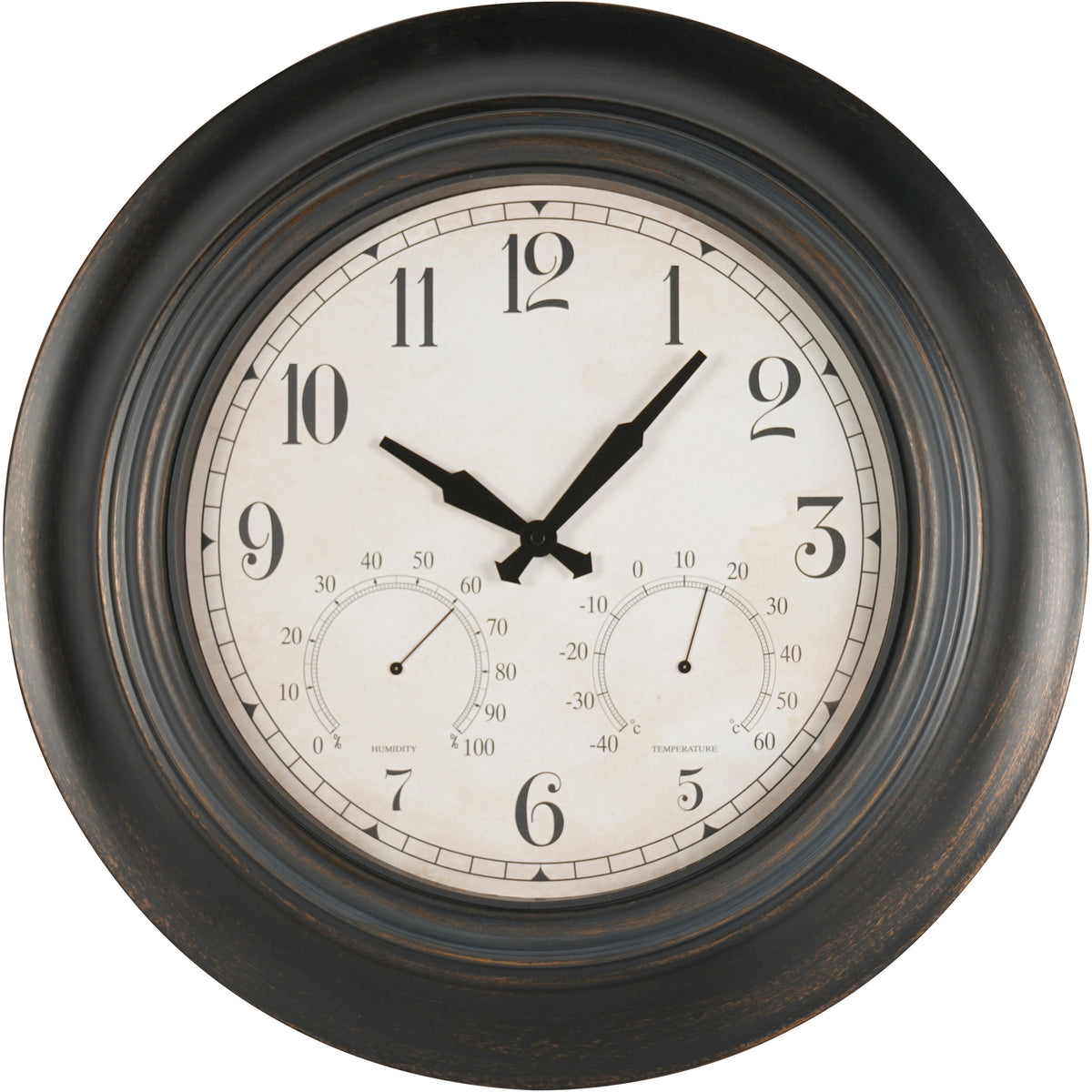 Front view of the round clock with a worn black surround, cream face and humidity and temperature subdials.