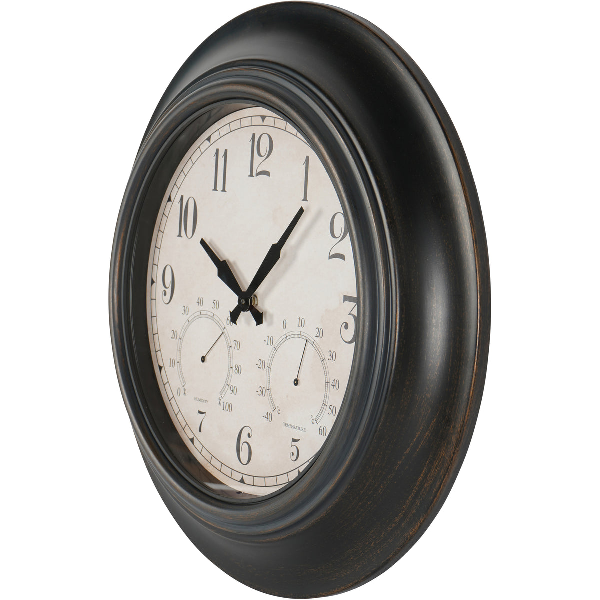 Angled view showing the clock’s deep layered surround and domed dial cover.