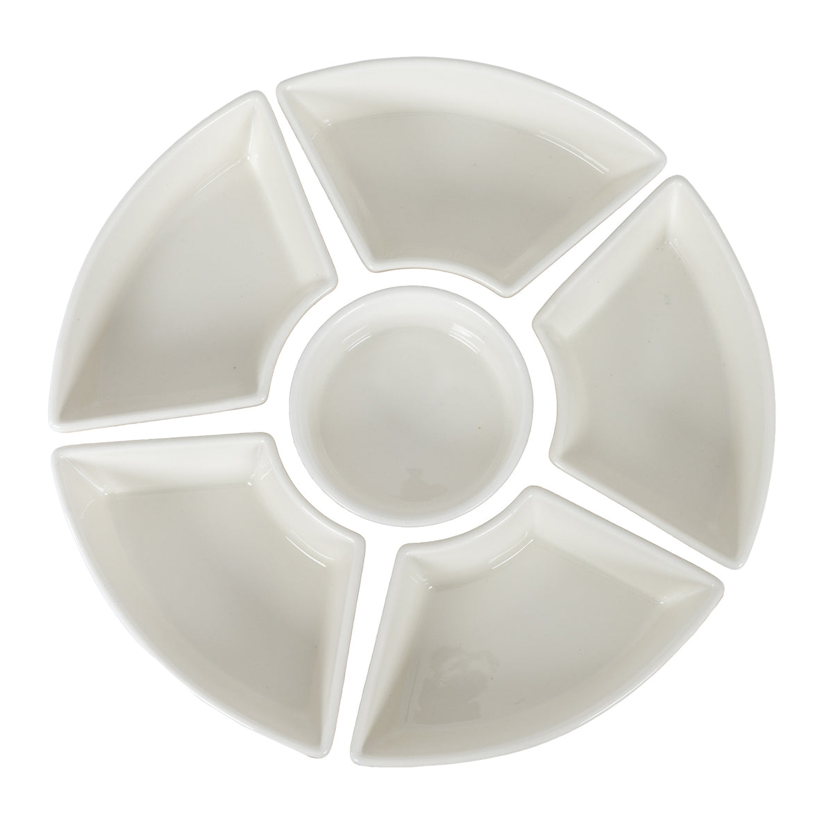 Overhead view of five warm-white wedge dishes arranged in a ring around a round bowl on a white background.