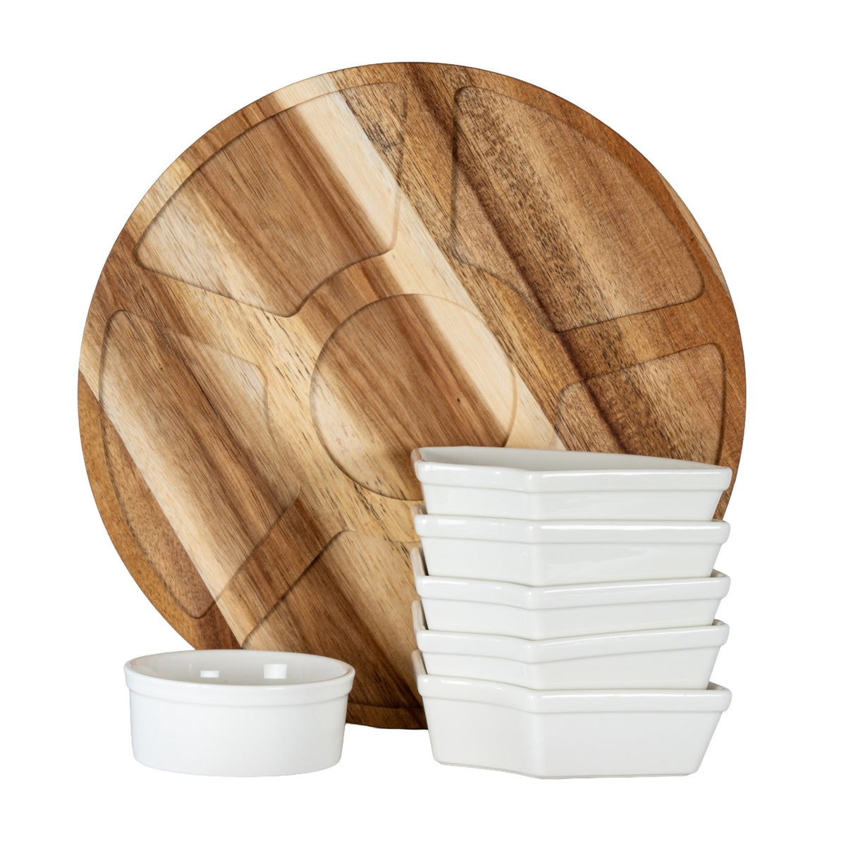 Circular brown grained platform standing upright to show its wedge and round recesses, with stacked wedge dishes and a separate round bowl in front.