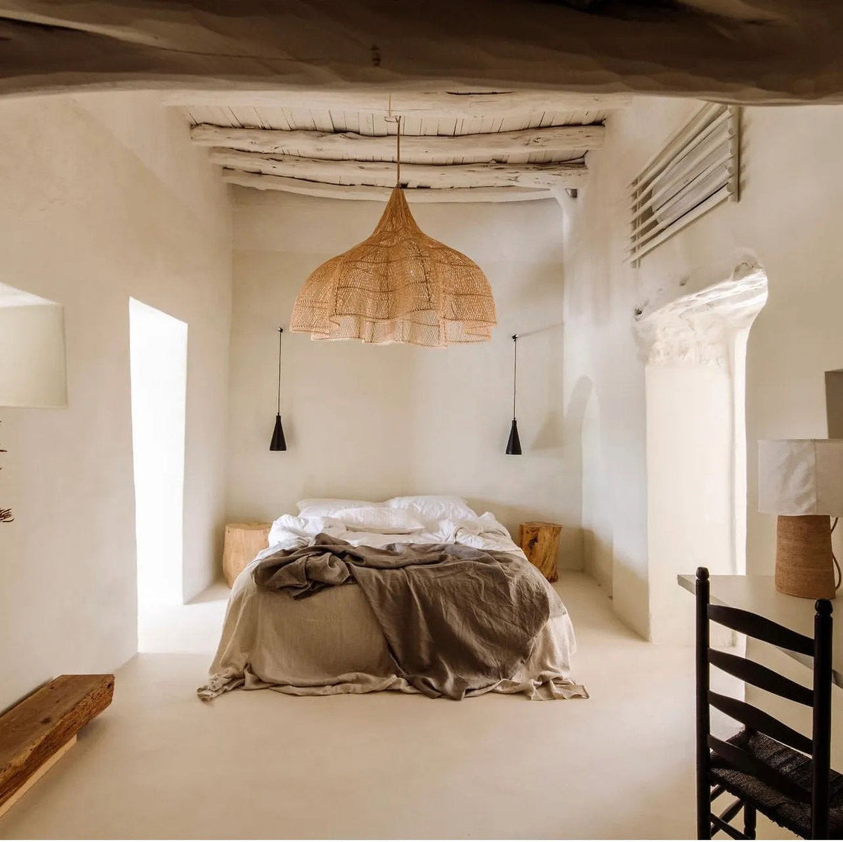 Whipped Rattan Pendant Light – Natural, Extra Extra Large — styled above a bed