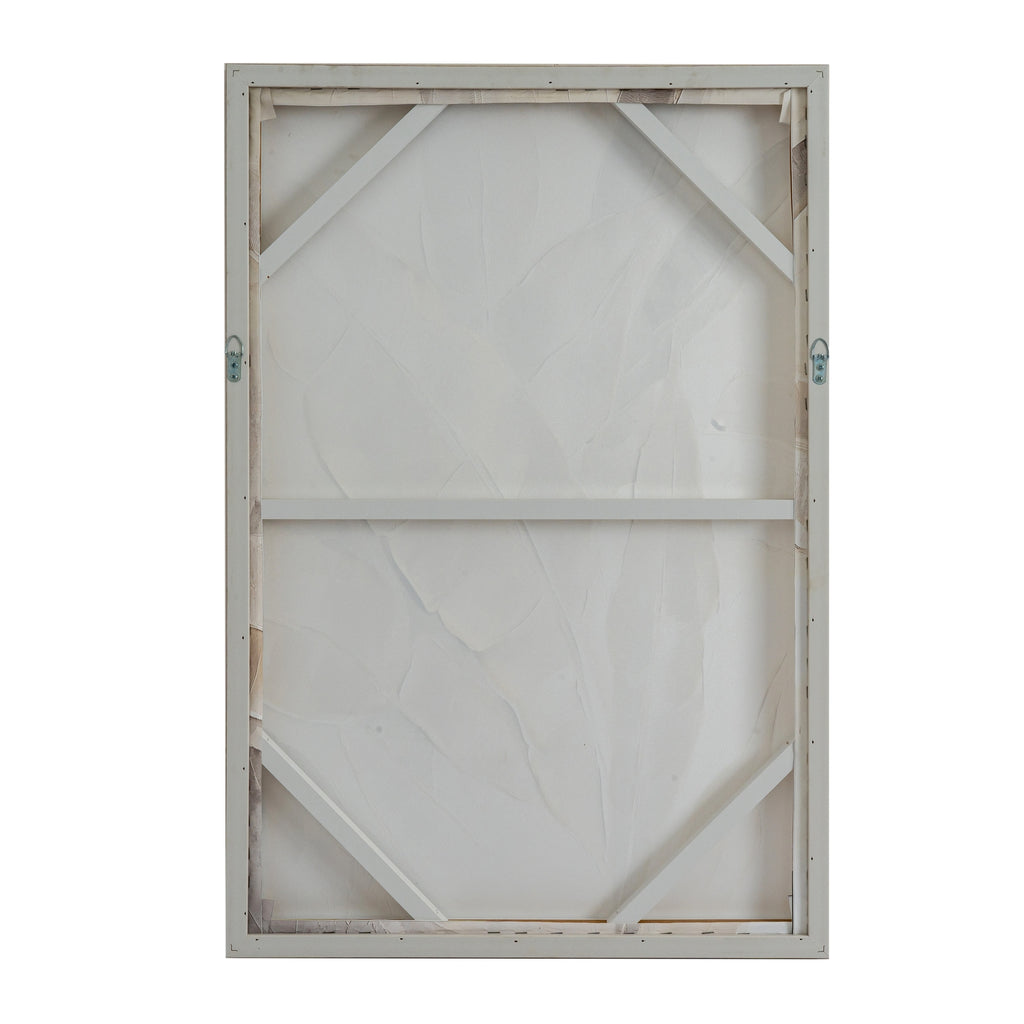 Rear view of the rectangular artwork showing a pale backing, horizontal and diagonal braces, and two metal loops at the sides.