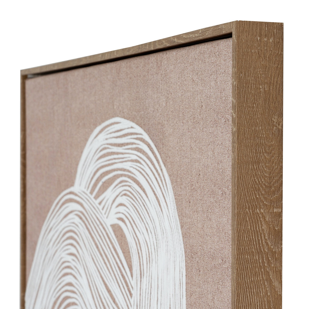 Angled detail of the upper white arches and pale brown woven surface beside the grain-patterned right edge of the frame.