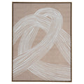 Front view of portrait artwork with overlapping bands of white lines on a pale brown background in a slim brown frame.