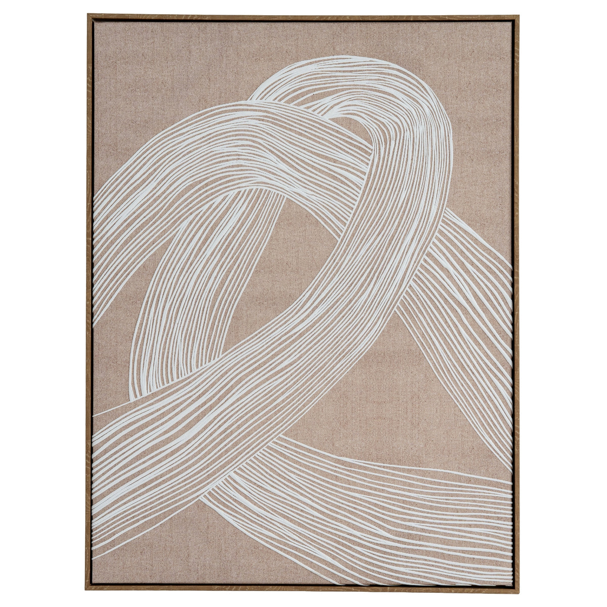 Front view of portrait artwork with overlapping bands of white lines on a pale brown background in a slim brown frame.
