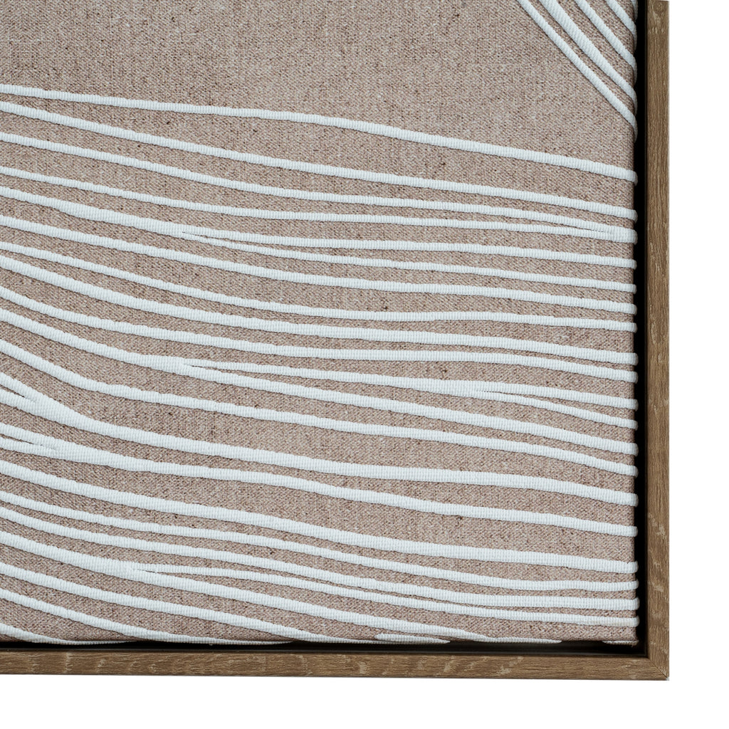 Close-up of the artwork's lower right corner showing ridged white parallel lines, the fine woven background and brown frame.