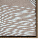 Close-up of the artwork's lower right corner showing ridged white parallel lines, the fine woven background and brown frame.