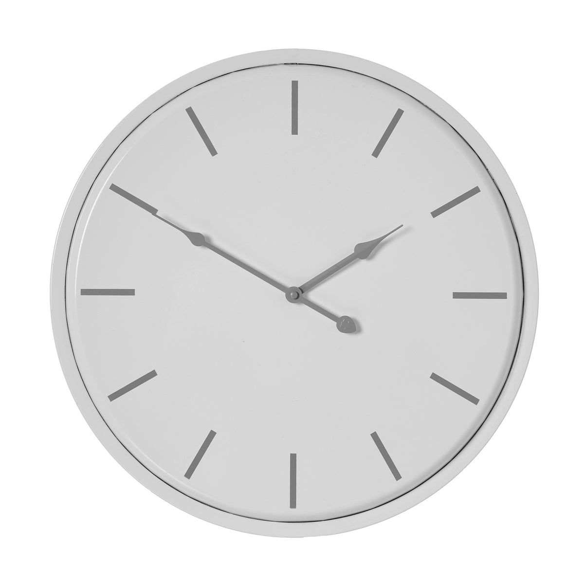 Front view of a round white wall clock with twelve grey baton hour markers and three grey hands.