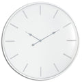 Front view of a round white wall clock with a slim rim, twelve grey baton markers and grey hands.