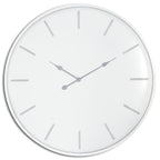 Front view of a round white wall clock with a slim rim, twelve grey baton markers and grey hands.