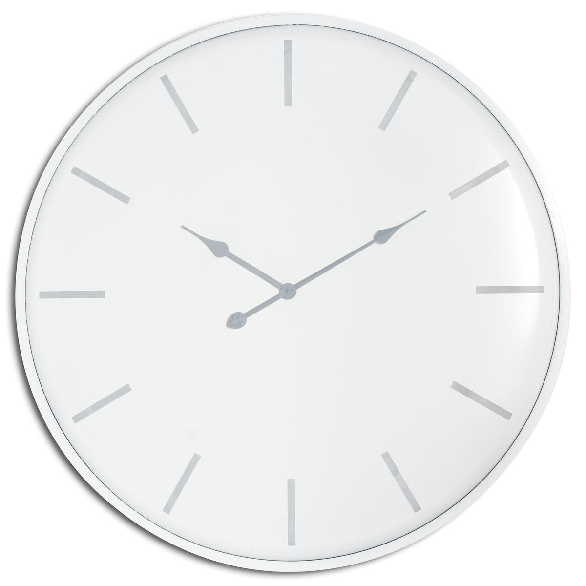 Front view of a round white wall clock with a slim rim, twelve grey baton markers and grey hands.