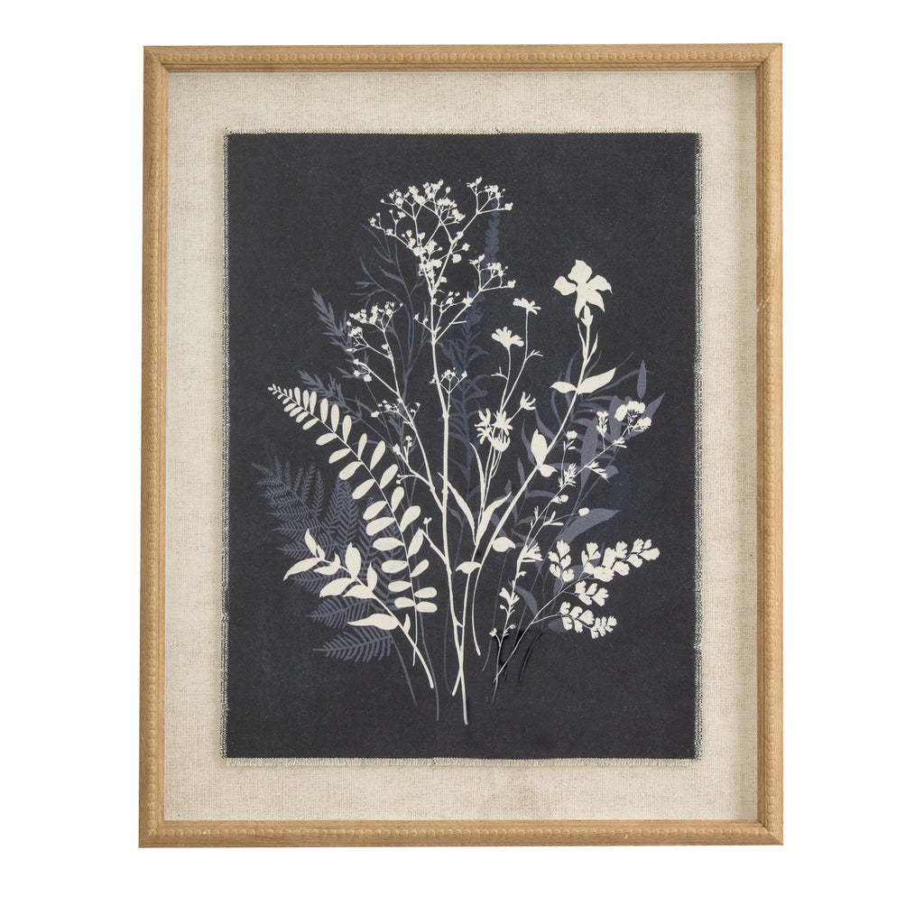 Front view of White Branchcluster Framed Artwork, with white flowers and pale blue foliage on a dark background, a pale surround and tan-gold beaded frame.