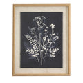 Front view of White Branchcluster Framed Artwork, with white flowers and pale blue foliage on a dark background, a pale surround and tan-gold beaded frame.