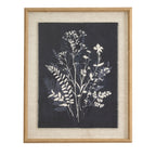 Front view of White Branchcluster Framed Artwork, with white flowers and pale blue foliage on a dark background, a pale surround and tan-gold beaded frame.