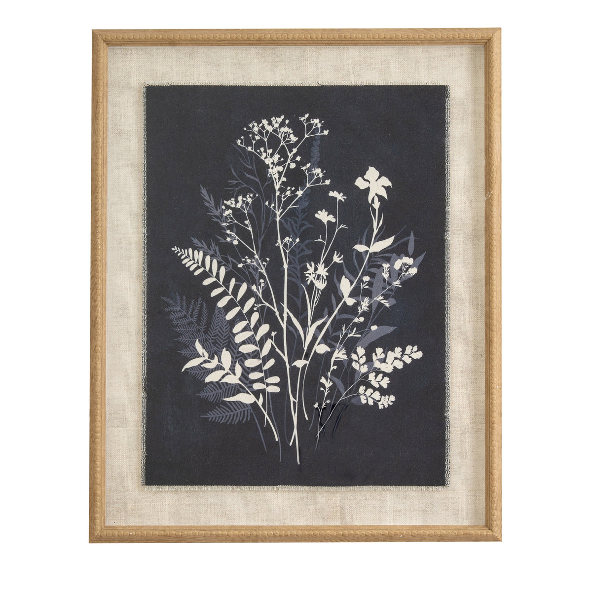 Front view of White Branchcluster Framed Artwork, with white flowers and pale blue foliage on a dark background, a pale surround and tan-gold beaded frame.
