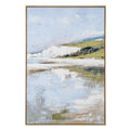 Front view of portrait artwork showing white cliffs and green coastal land beneath a pale blue sky, with loose reflections in the foreground and a narrow light wood-toned frame.