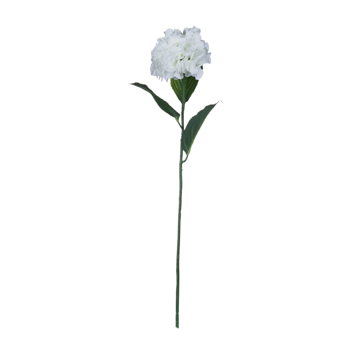 White cluster artificial flower stem shown in full, with a rounded flower head and green leaves against a white background.