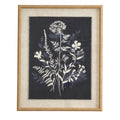 Front view of White Crowncluster Framed Artwork, with white flowers and blue foliage on a dark background inside a pale border and tan-gold frame.