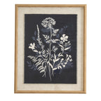 Front view of White Crowncluster Framed Artwork, with white flowers and blue foliage on a dark background inside a pale border and tan-gold frame.