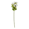 White artificial anemone spray with dark-centred flowers, green leaves and a long green stem against a white background.