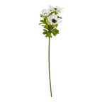 White artificial anemone spray with dark-centred flowers, green leaves and a long green stem against a white background.