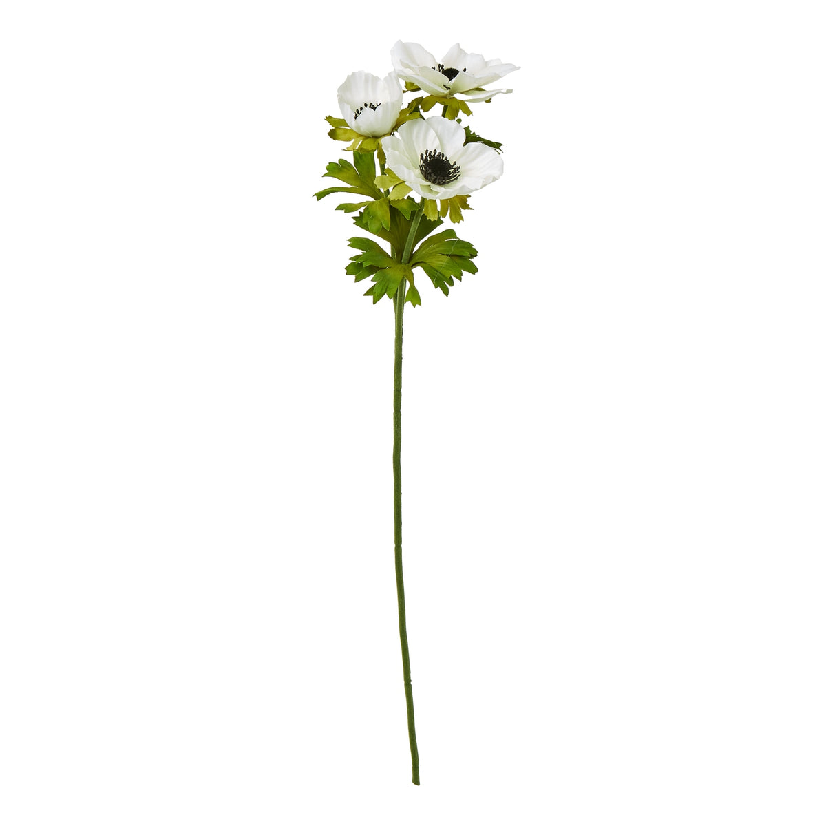 White artificial anemone spray with dark-centred flowers, green leaves and a long green stem against a white background.