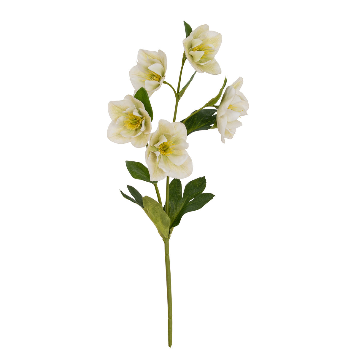 Full view of an artificial flower stem with white blooms, pale yellow-green centres and dark-green leaves on branching stems against a white background.
